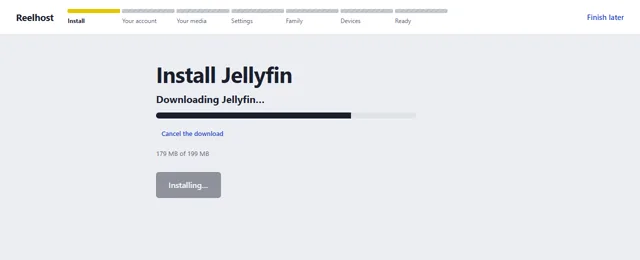 Reelhost's install step: a progress bar downloading the server, with a cancel button.