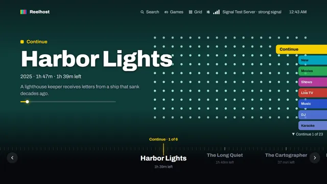 Signal on a TV: Harbor Lights in the Continue band, a stack of colour-coded bands and a dial of titles along the bottom.