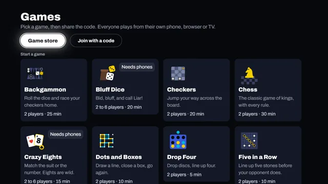 The Games screen on a TV: Backgammon, Bluff Dice, Checkers, Chess and more, each with its players and time.