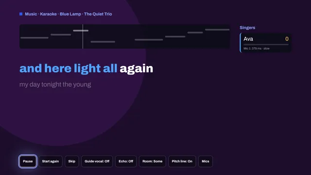 Karaoke on a TV: the words light up as they are sung, with the singer and score on the right.